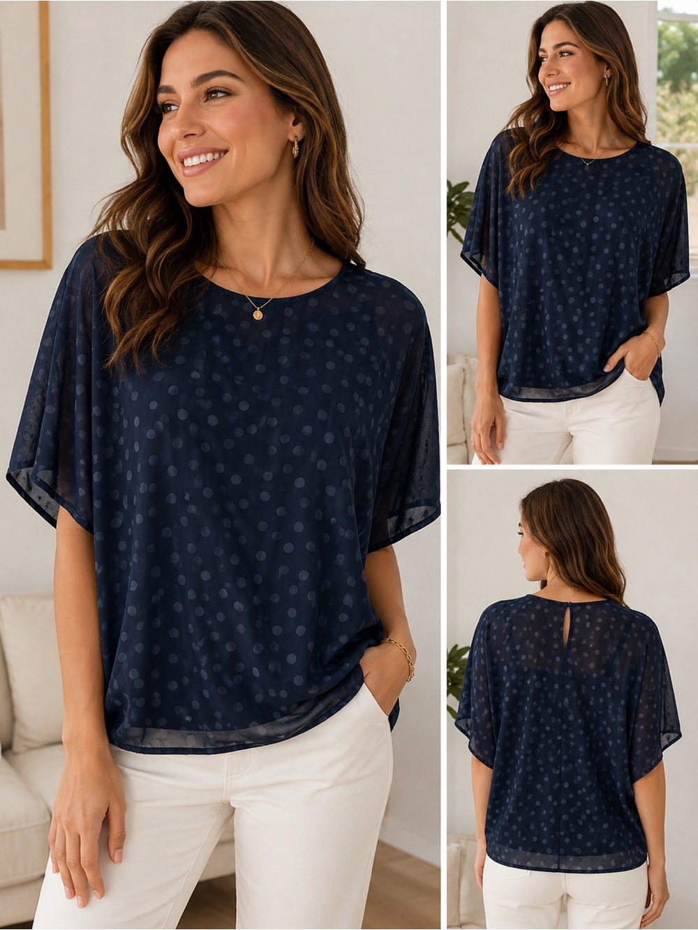 ICHI Size Small navy blue semi-sheer polka dot short-sleeve